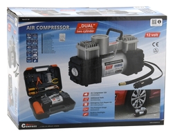 Kompresor 12V DUAL 2 písty se světlem + sada na opravu pneu