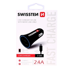 Zástrčka SWISSTEN s 2x USB výstupem 2,4 A, 12/24V s kabelem microUSB, 44056